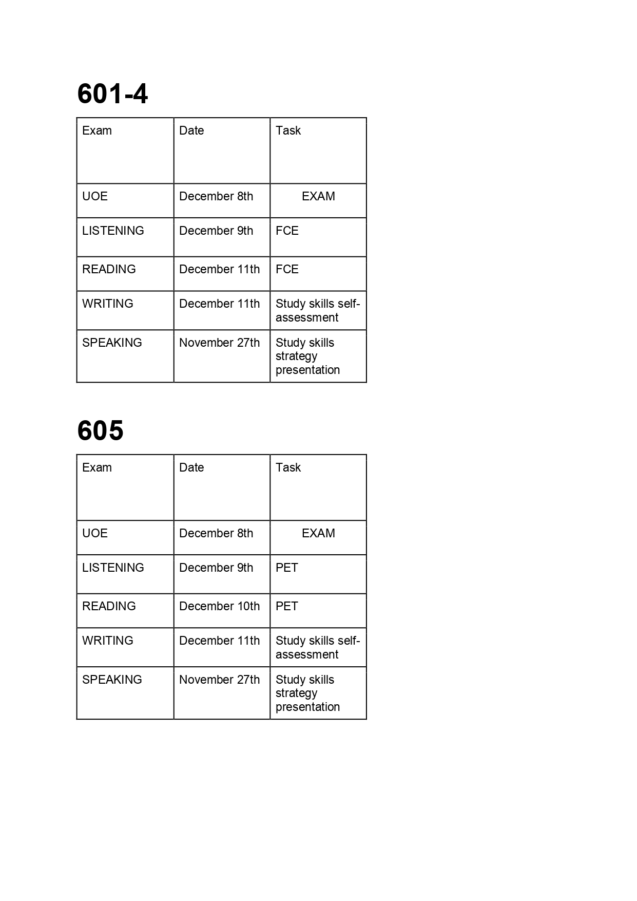 Exams calendar