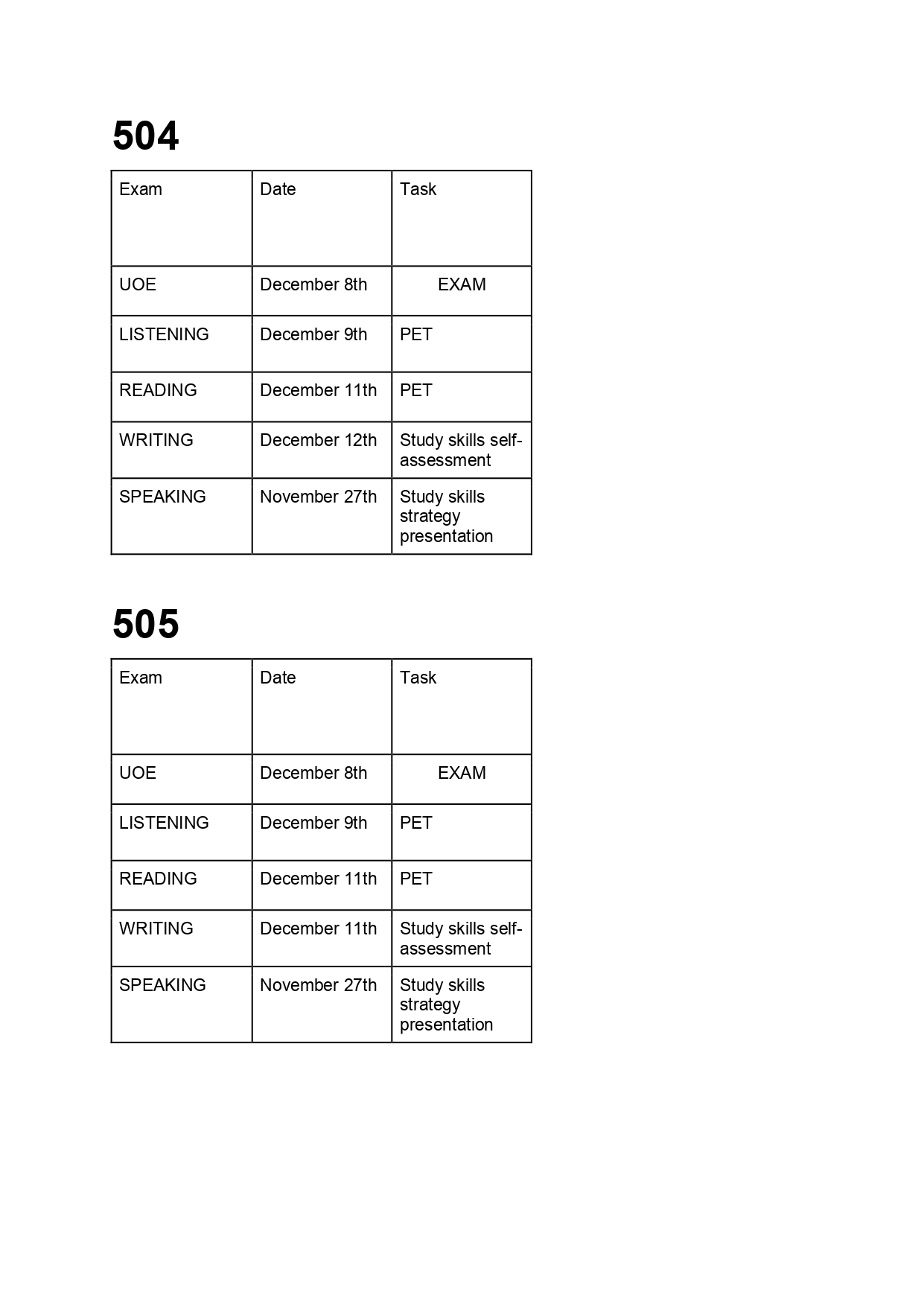 Exams calendar third period