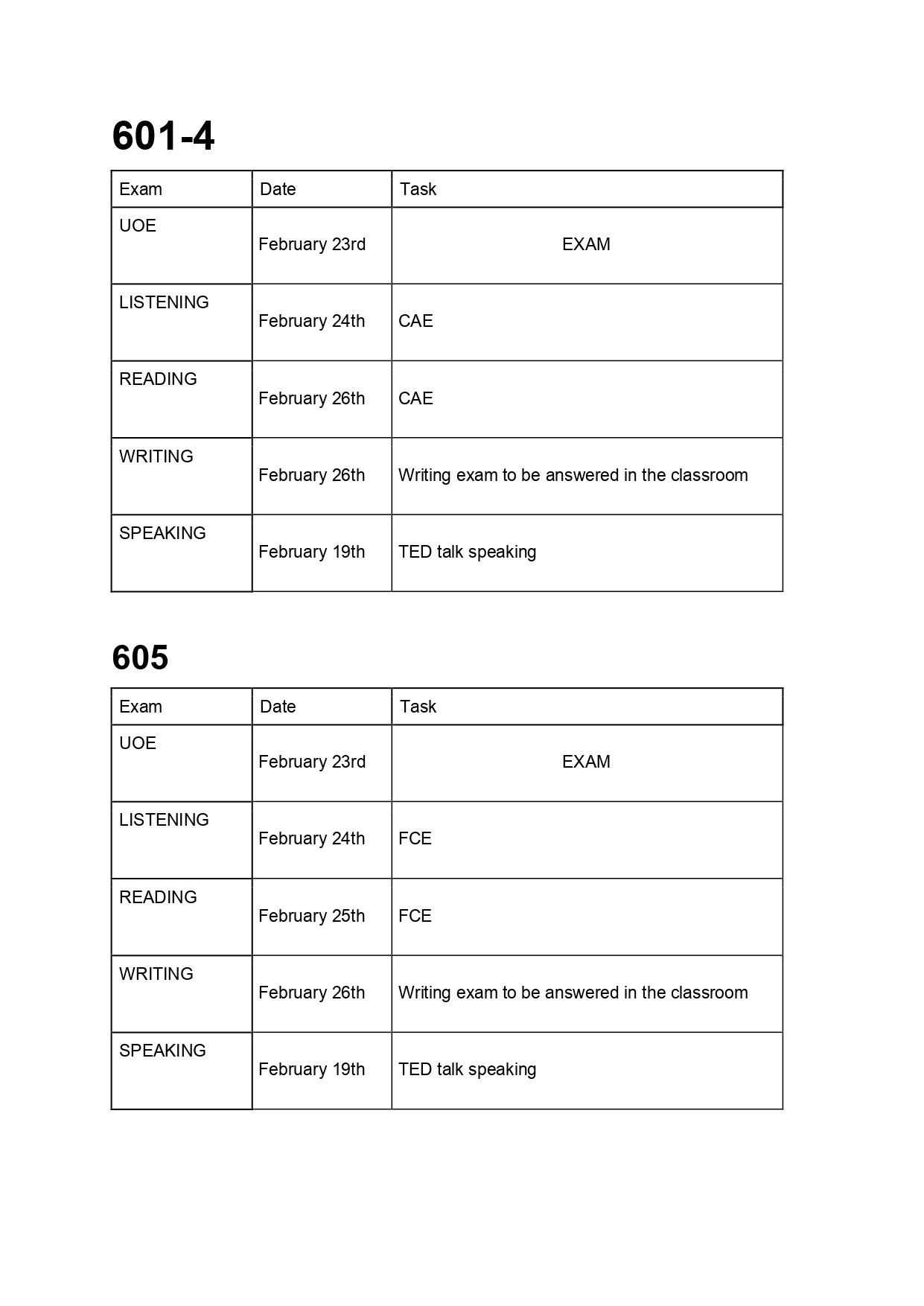 Exam calendar