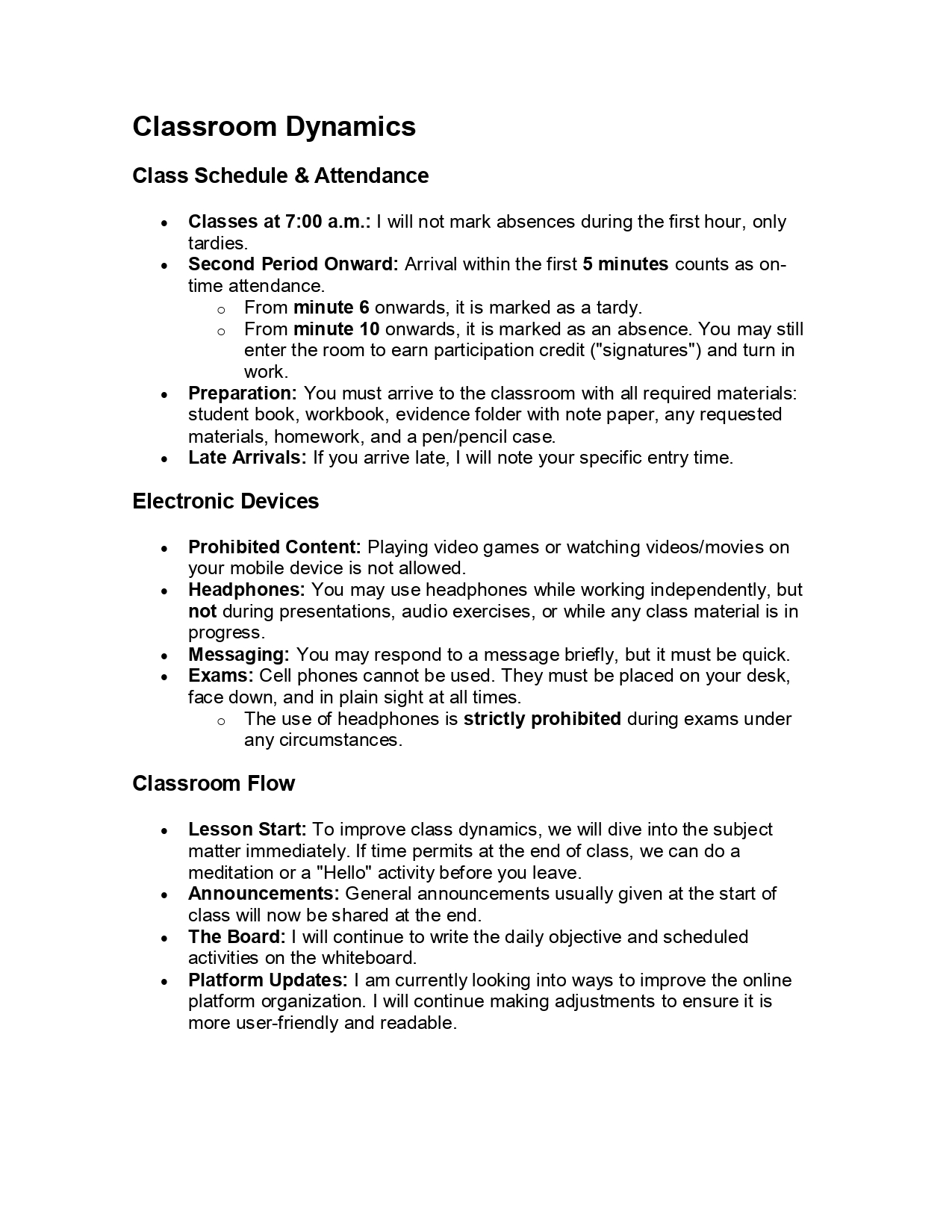 Classroom dynamic agreement