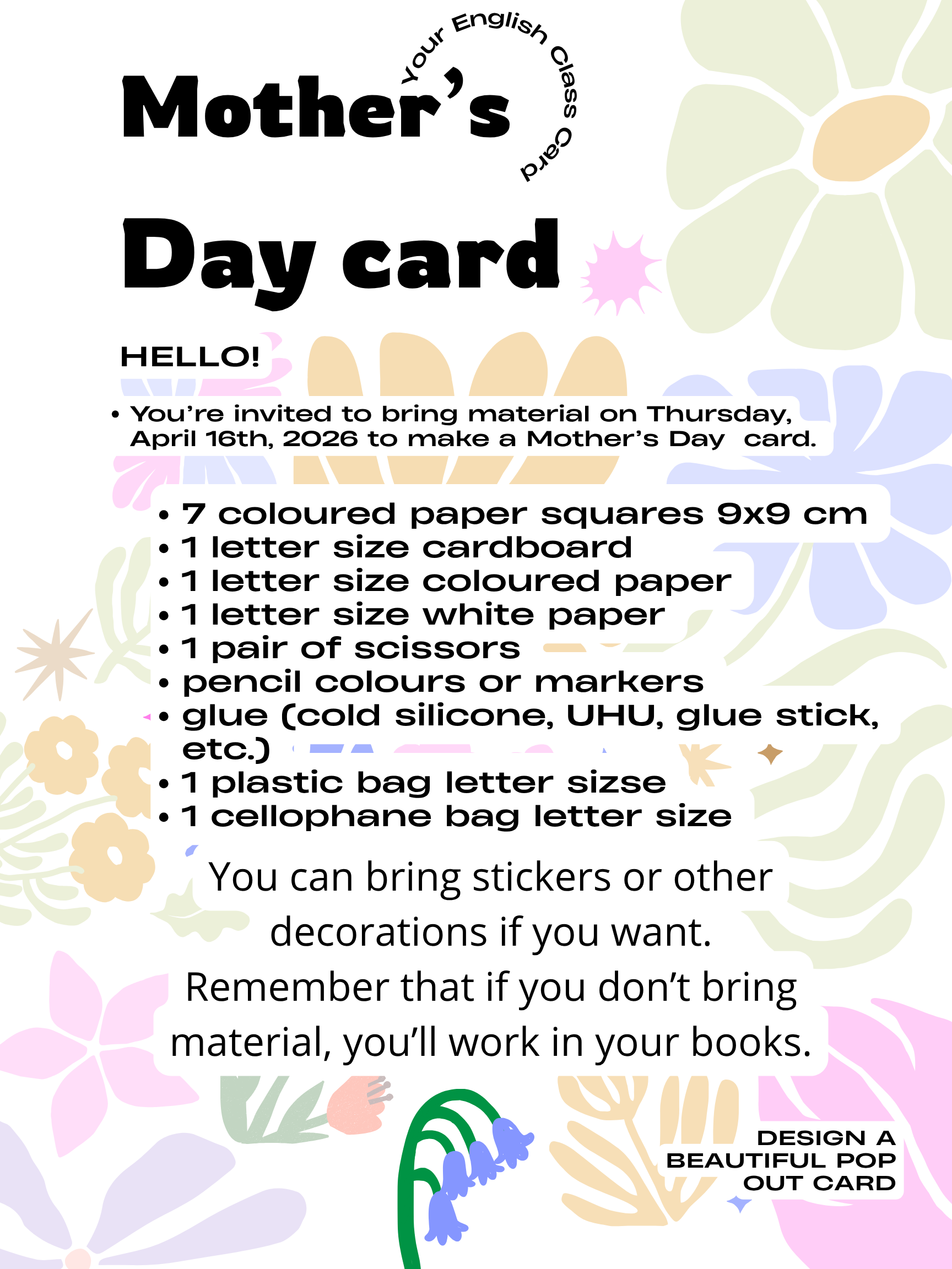 Bring material for a Mother's Day card